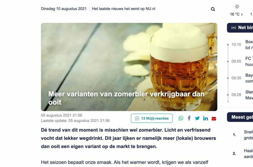 Nu.nl: “Meer varianten van zomerbier verkrijgbaar dan ooit”